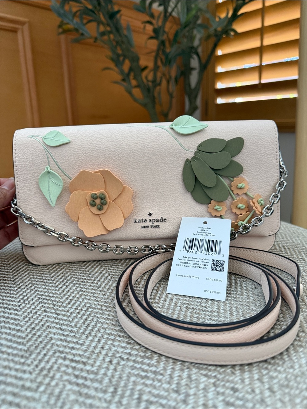 kate spade Blush Floral Appliqué Chain Crossbody with Green Leaves
